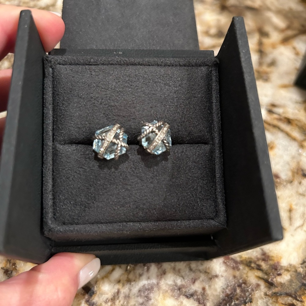 David Yurman aquamarine earrings with crossover cable with diamonds